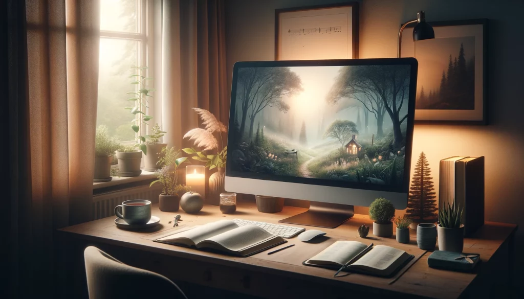 A serene digital workspace with a cozy, minimalist design featuring a computer screen displaying a calming nature scene and digital tools for meditation and Bible study.